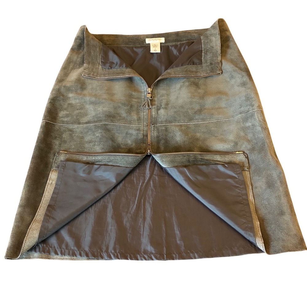 Genuine Leather Olive Green Zip Front A-Line Skirt Women's Size 8 Isaac Mizrahi - Picture 5 of 7